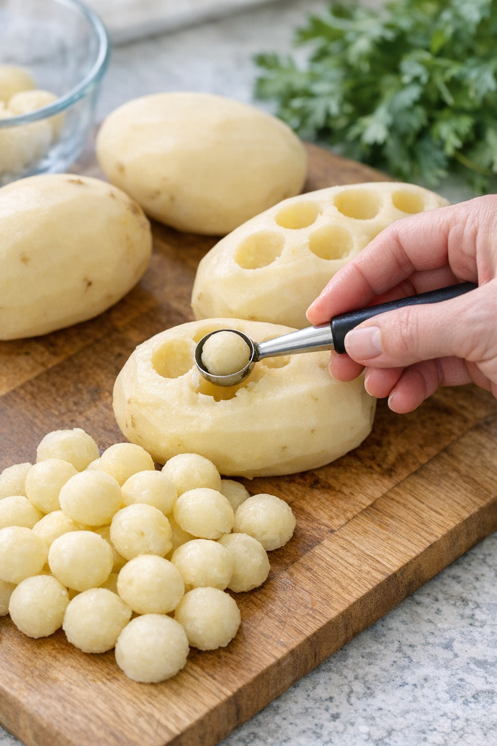Potato balls being scooped from peeled russet potatoes