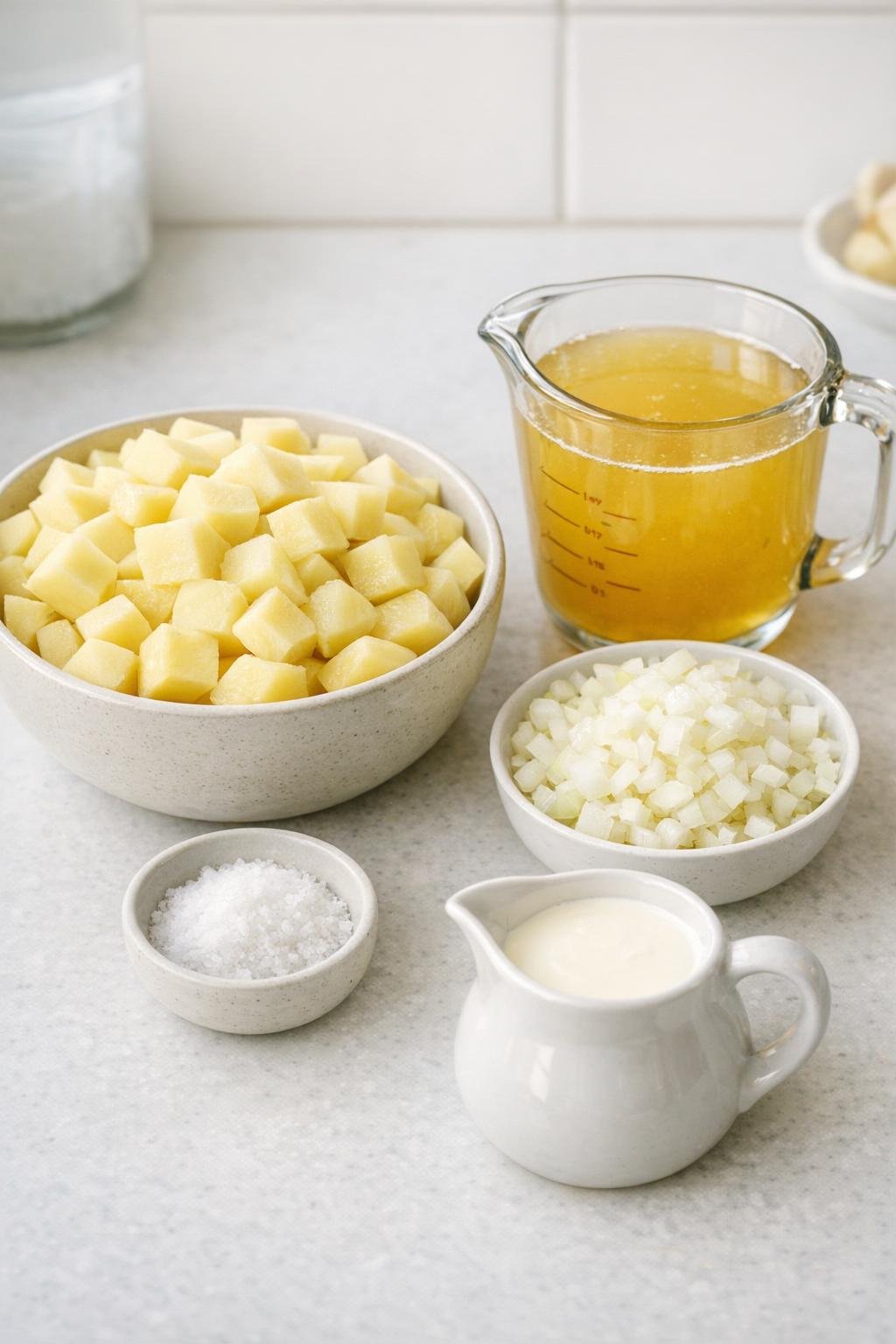 Potatoes, onion, broth, salt, and cream arranged on a counter