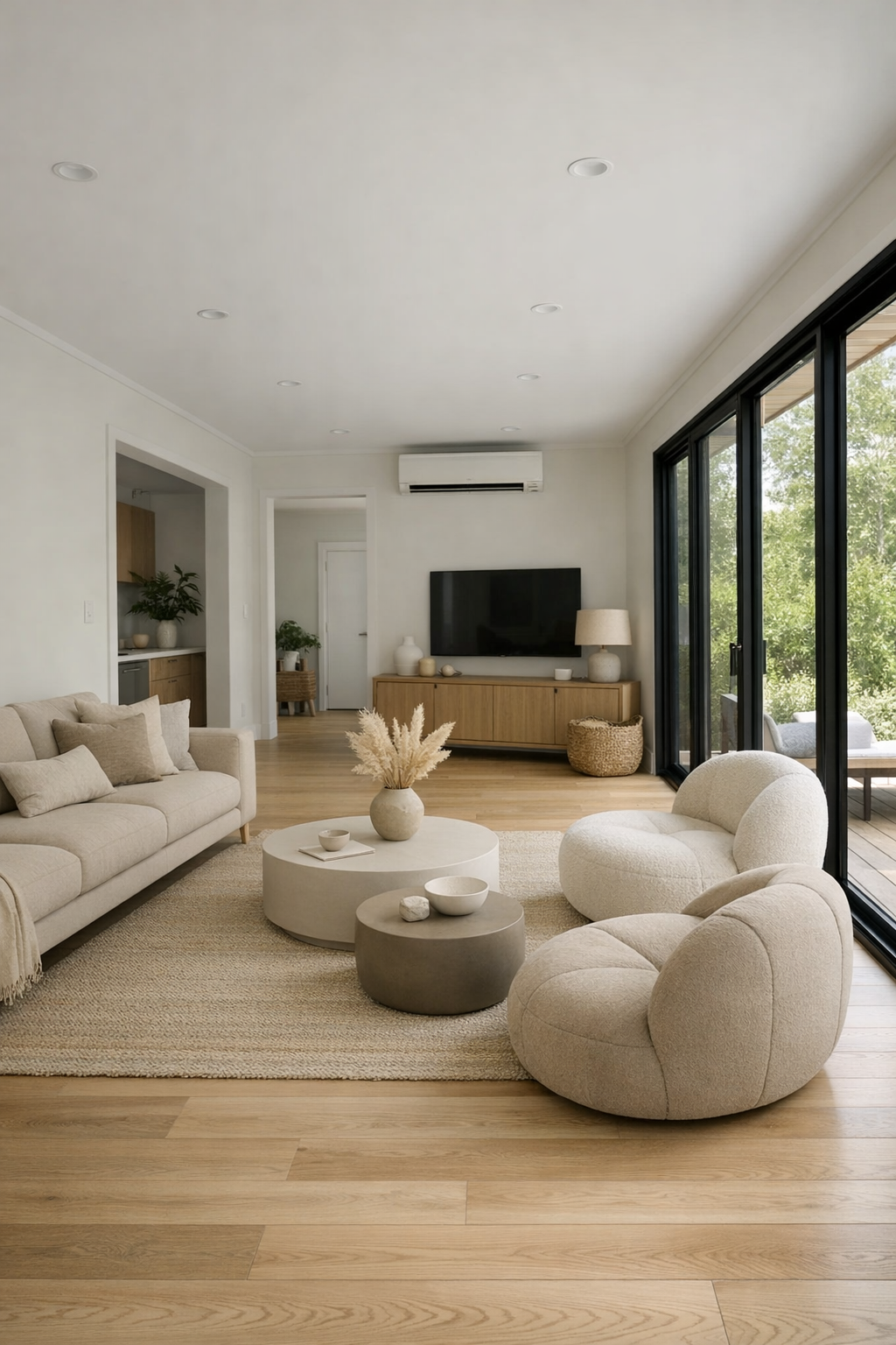 Accessible container home living room with pale oak floors, sand-toned seating, and large black-framed windows