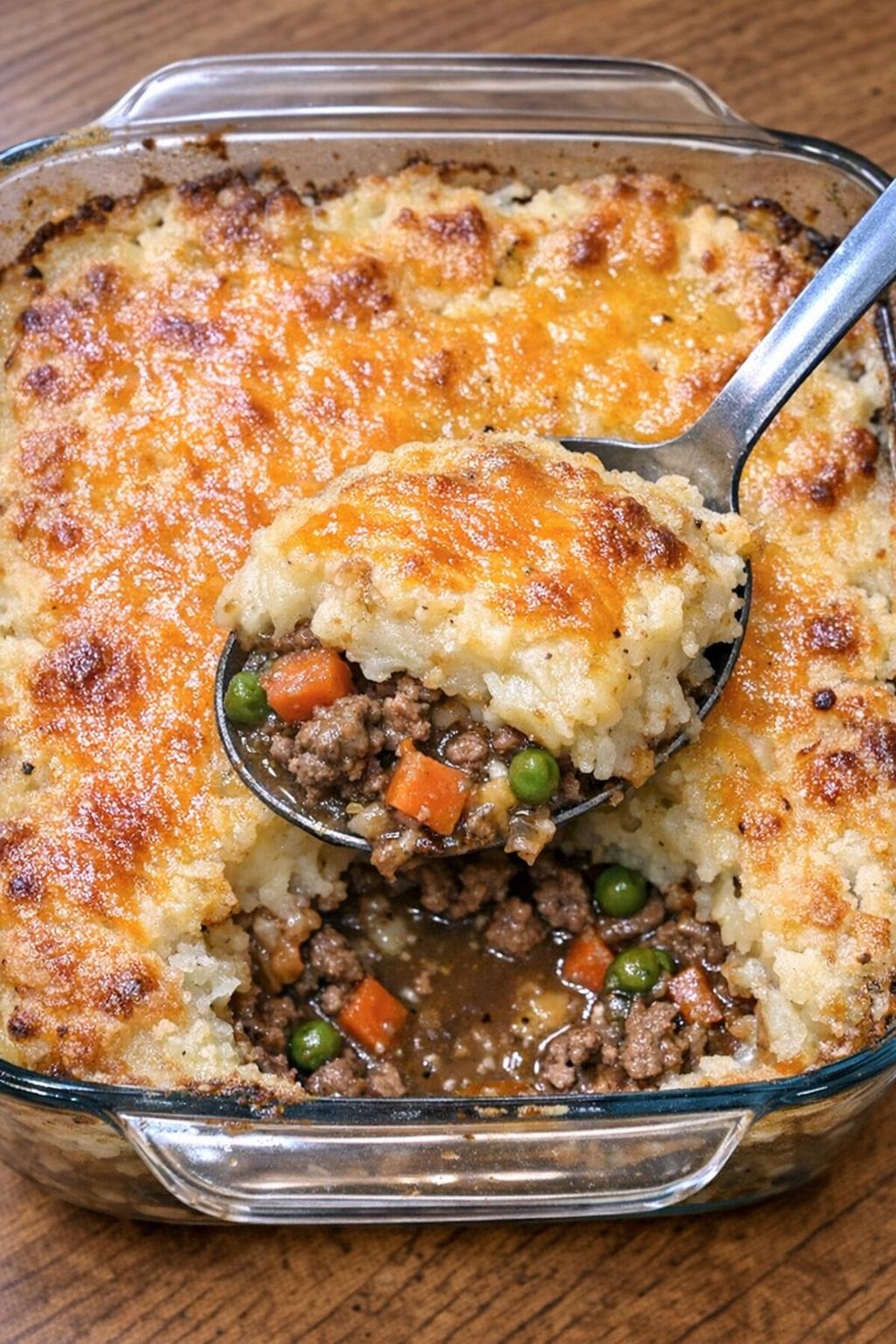 Close-up overhead view of a browned casserole in a glass baking dish
