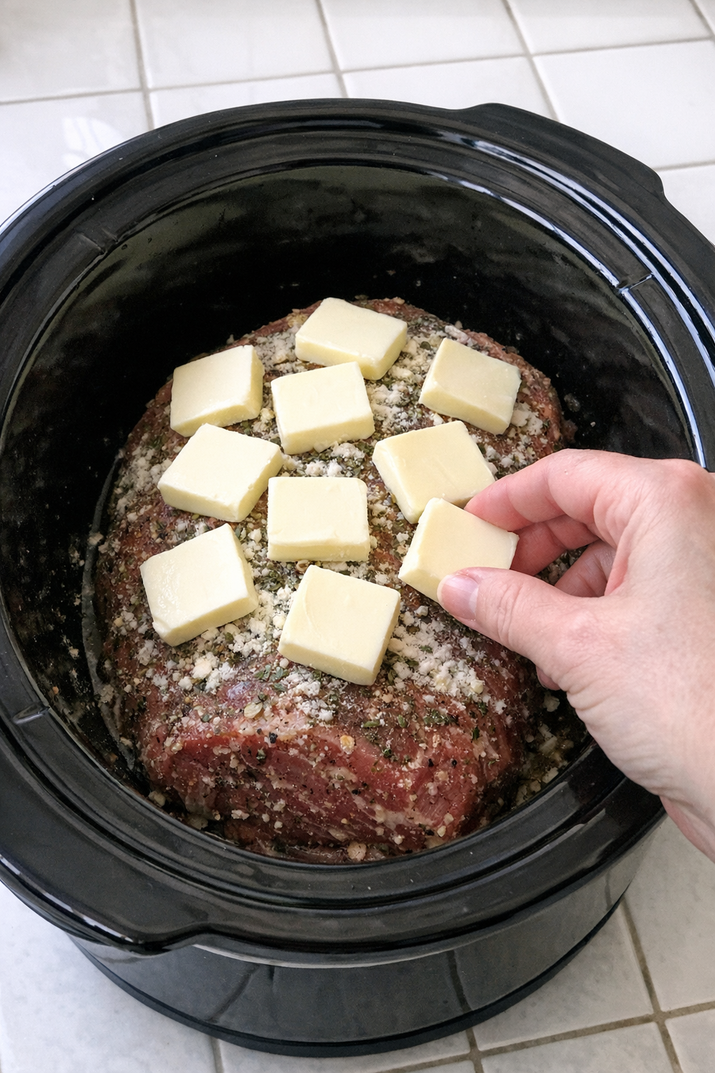 Butter pats placed over the seasoned roast in the slow cooker