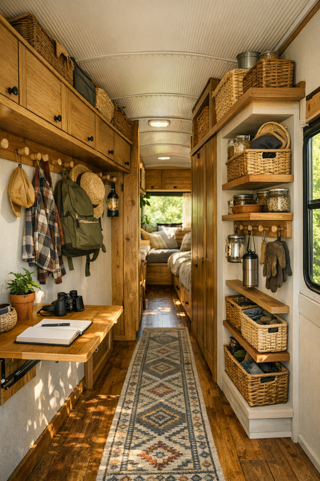 Bus entry and corridor with built-in storage, hooks, and rustic utility details
