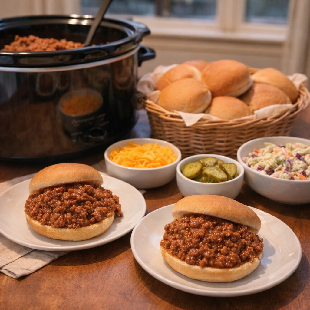 Sloppy joe buffet setup with buns and toppings