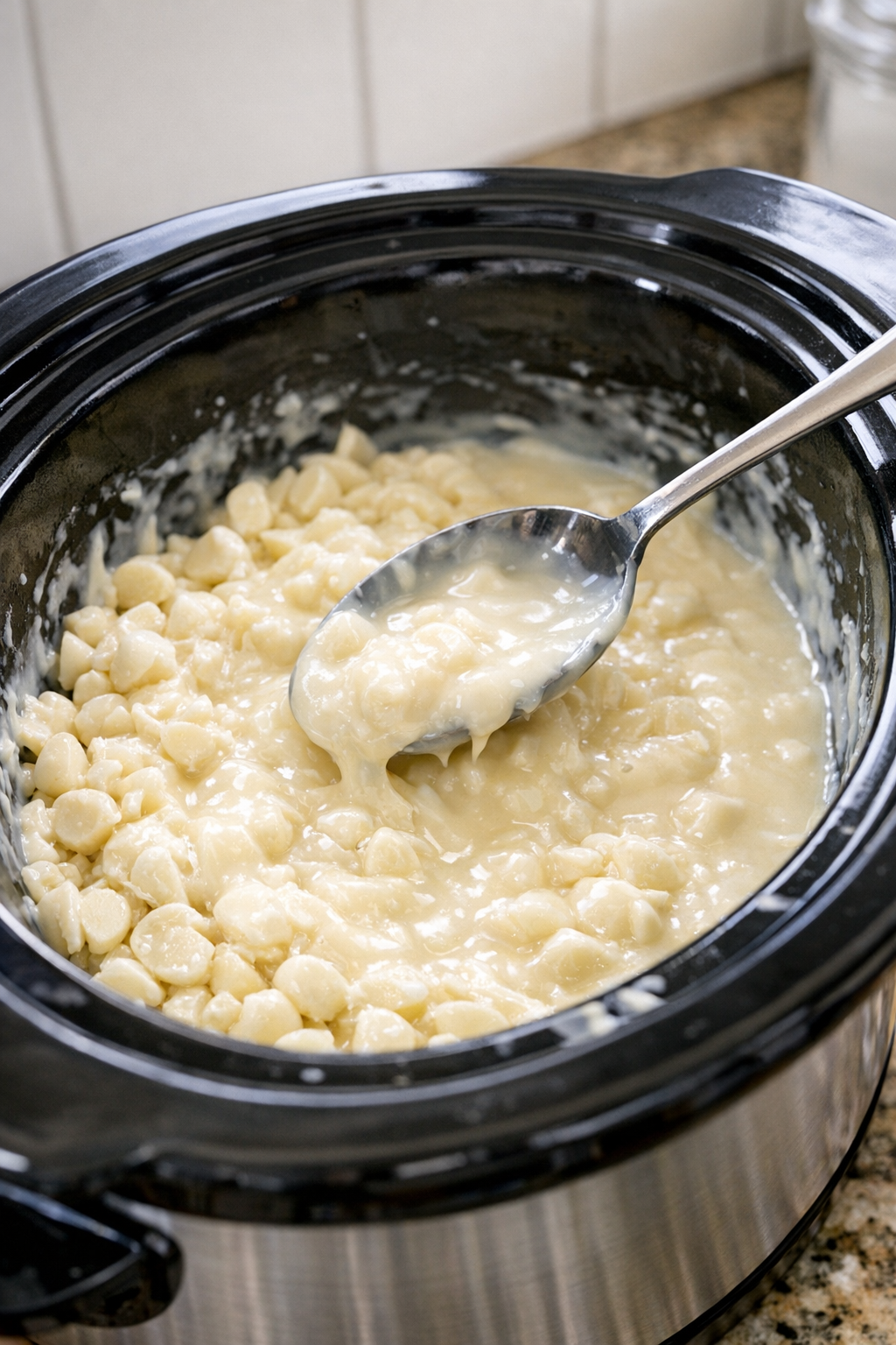 White chocolate and condensed milk melting in a slow cooker