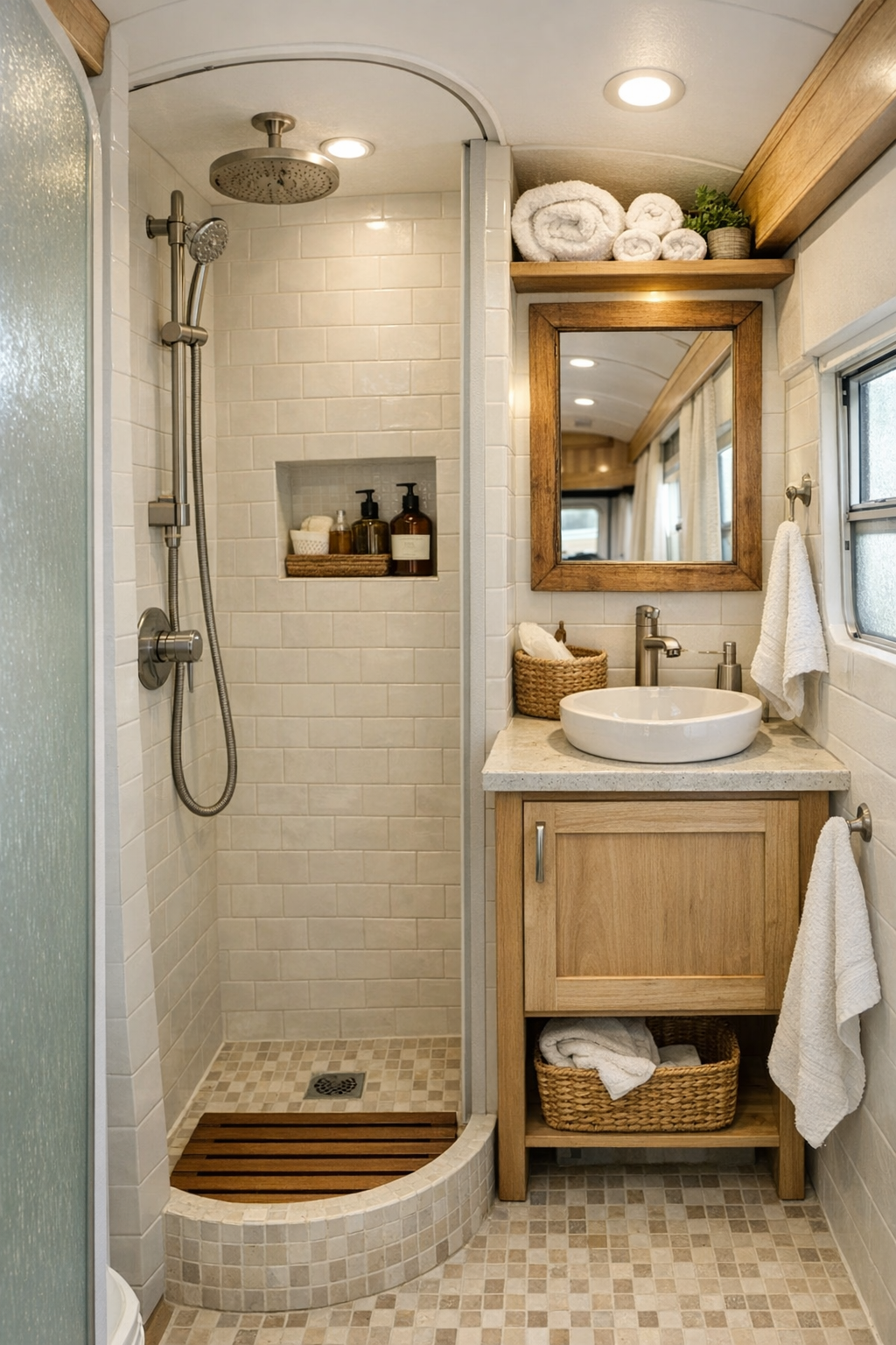 Compact bus bathroom with soft tile, wood accents, and a bright wet-room layout