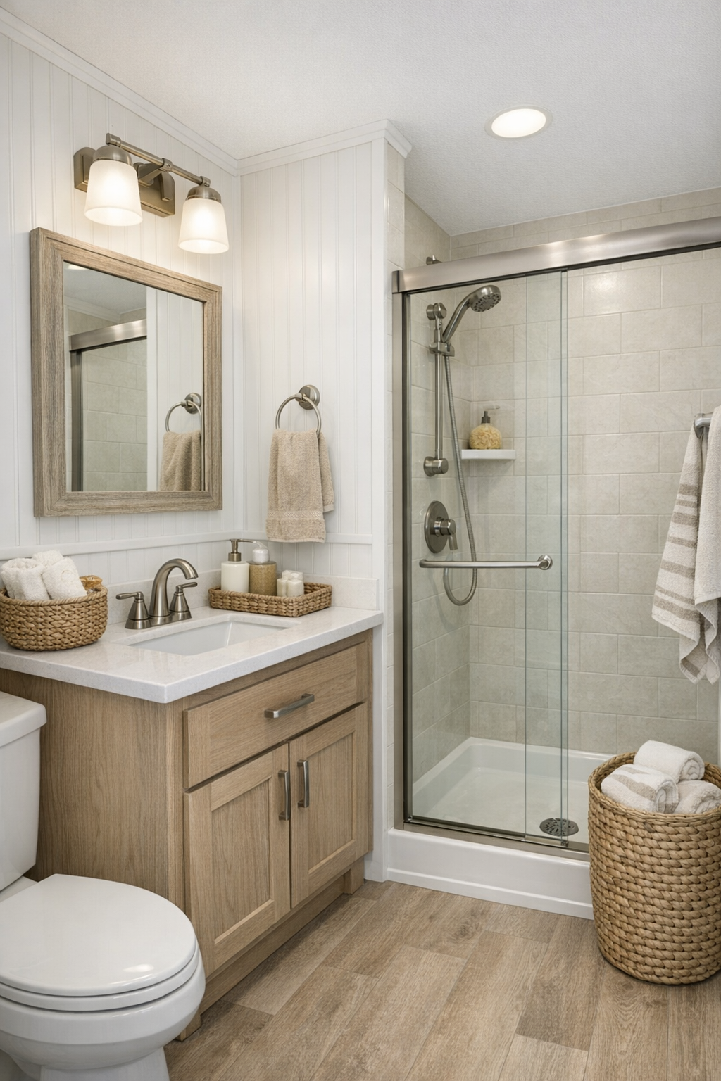 Fresh coastal bathroom with pale tile, a compact vanity, and brushed metal fixtures