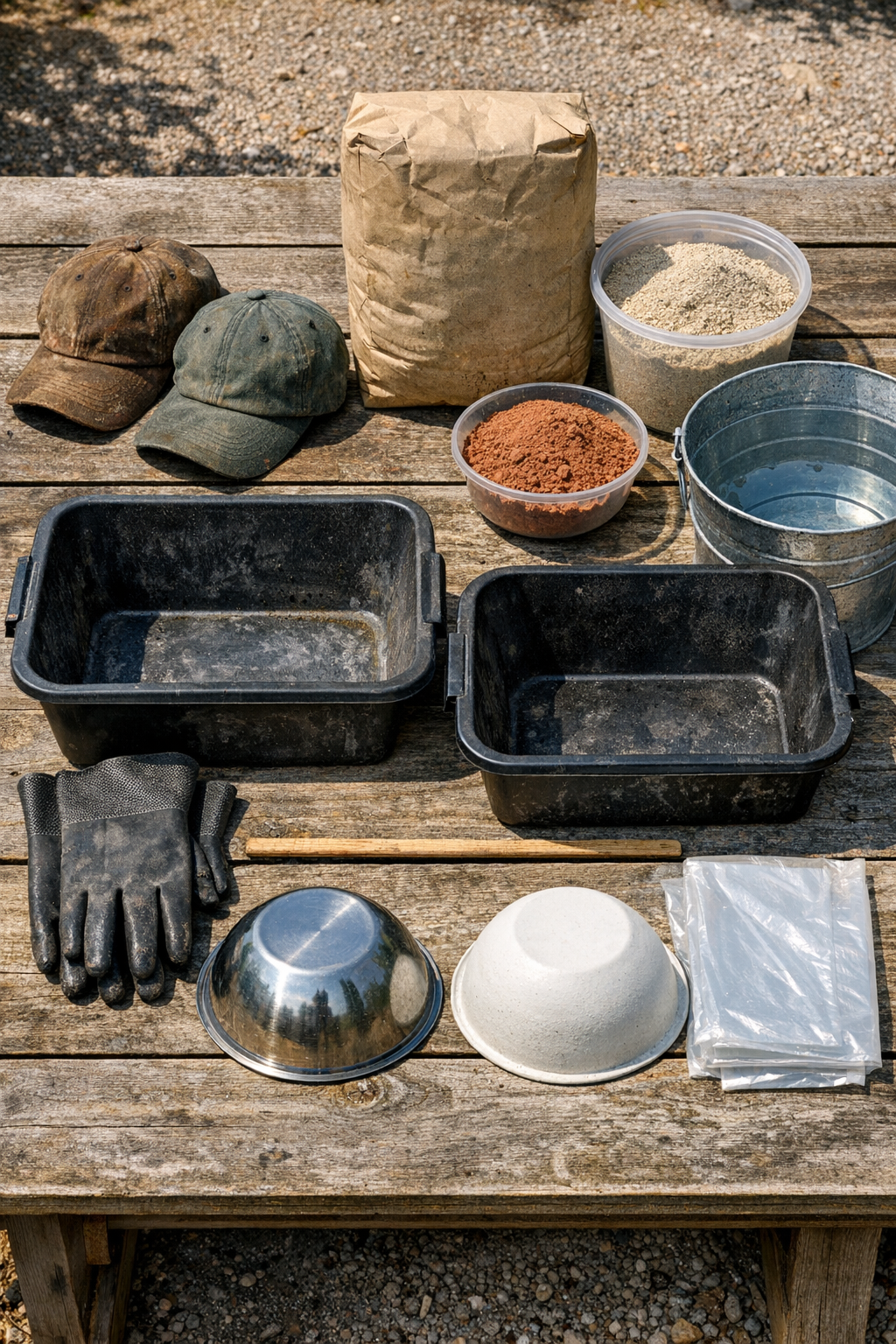 Materials for making two cement garden shells laid out on a worktable