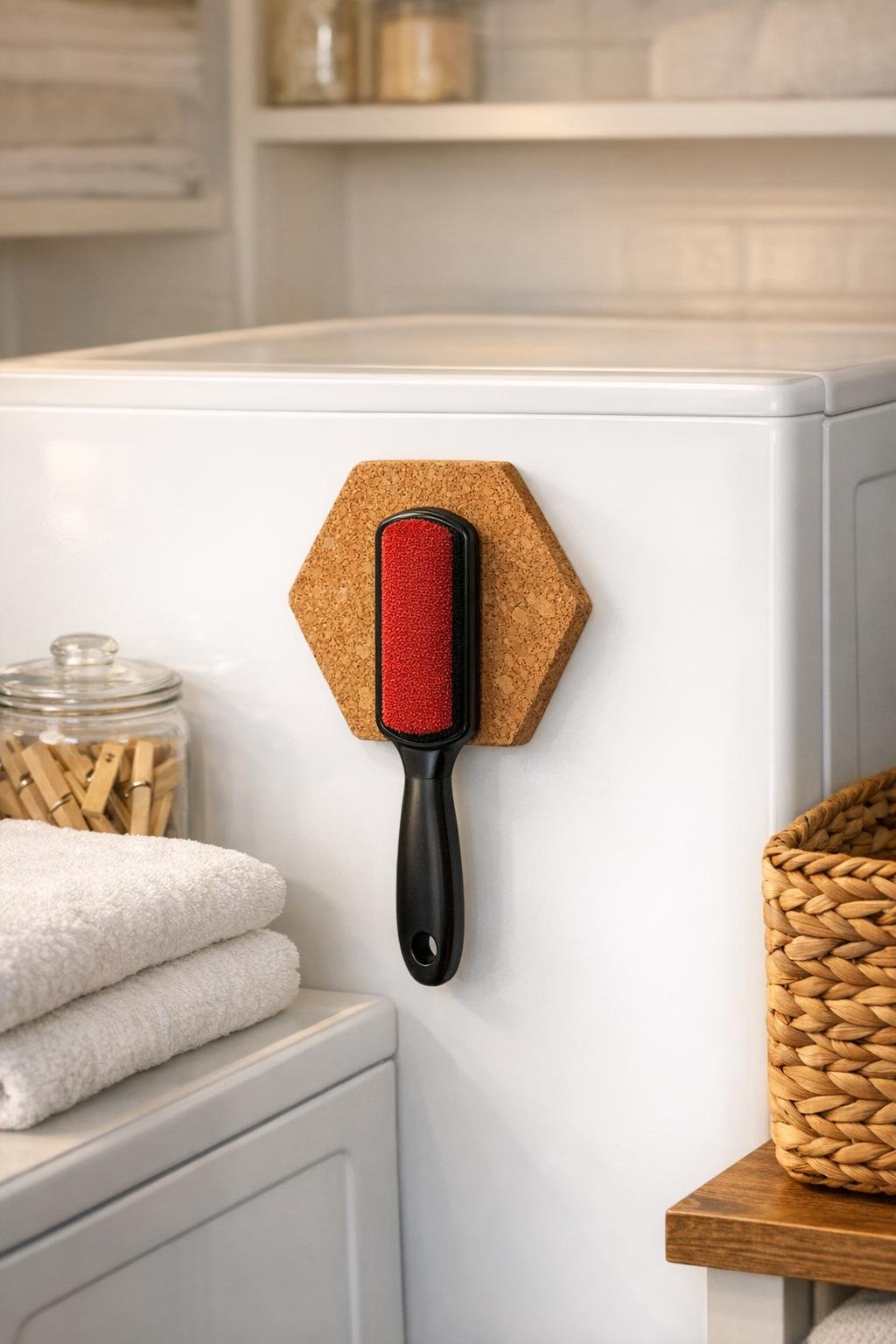 Finished magnetic cork trivet lint brush station on the side of a white dryer