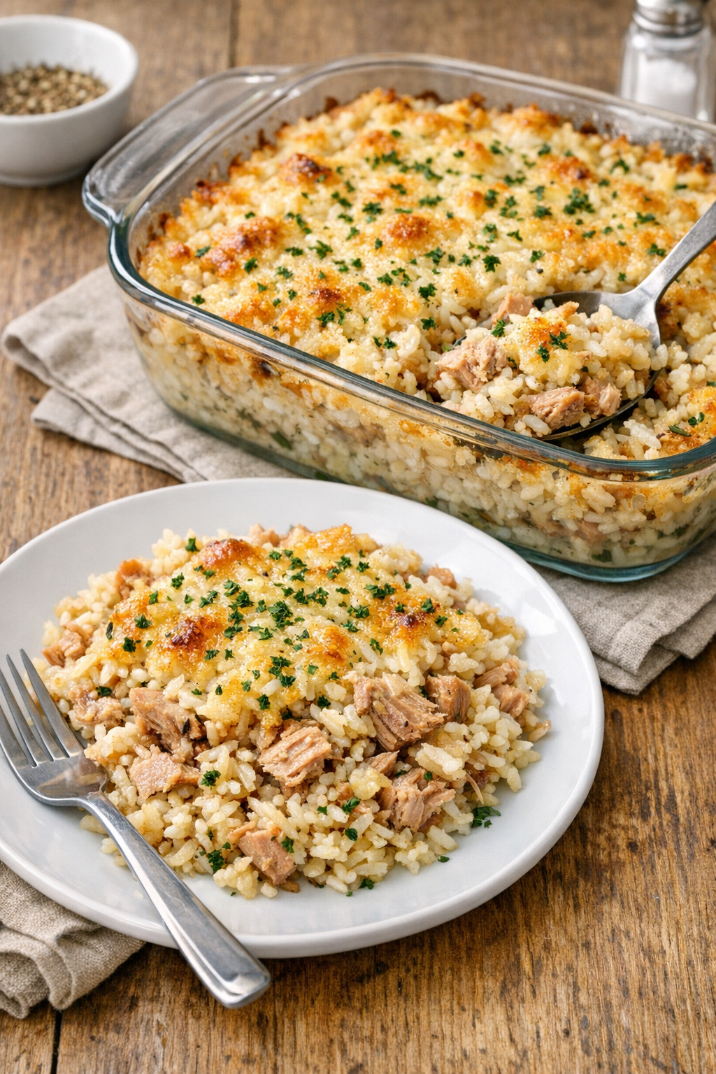 Finished baked tuna casserole in glass dish