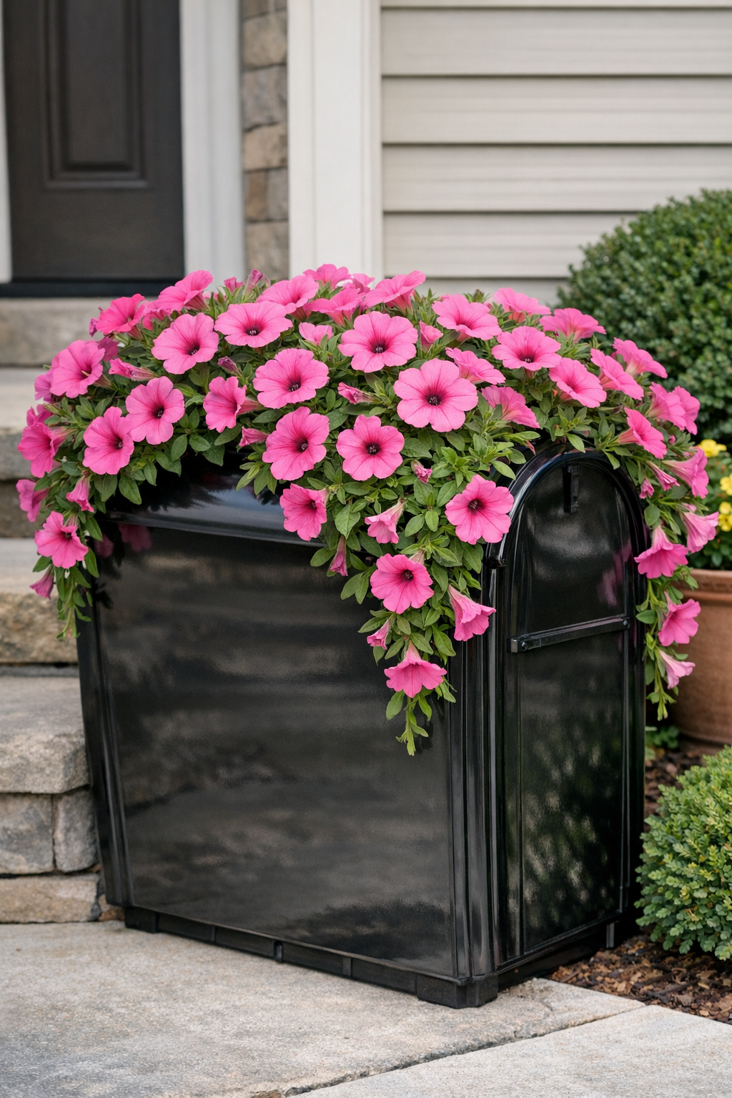 Finished black mailbox address planter with white house numbers and cascading petunias