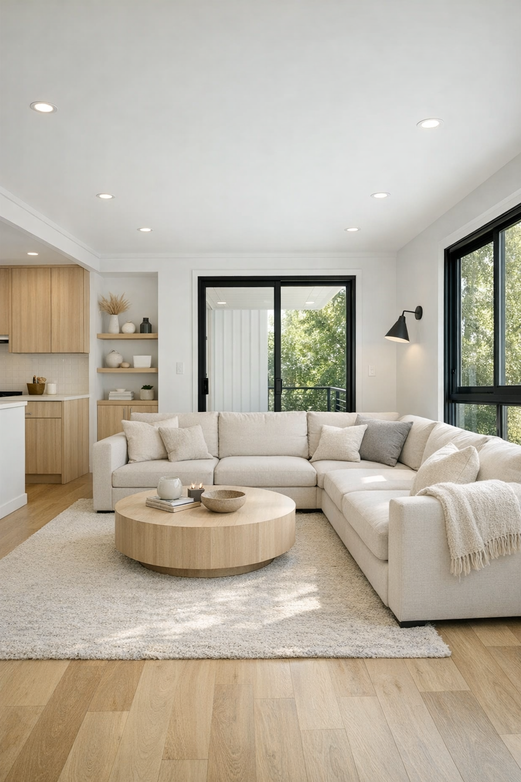Bright accessible living room with pale wood floors and soft neutral seating