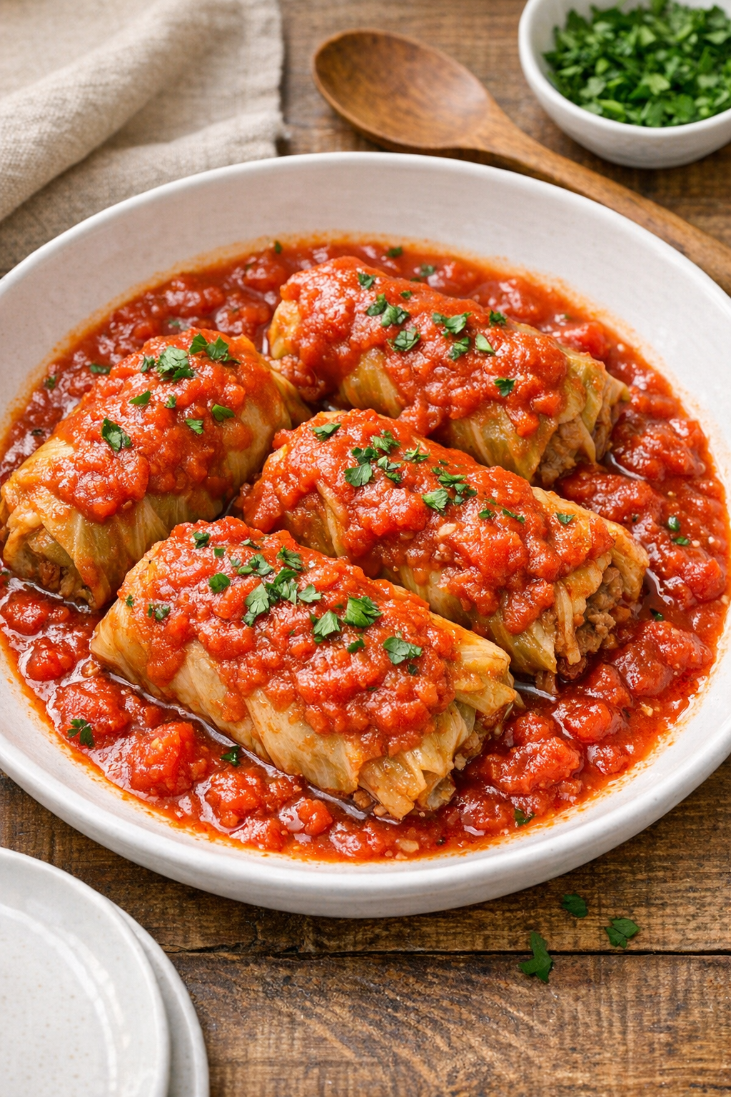 Finished beef stuffed cabbage rolls plated with tomato sauce
