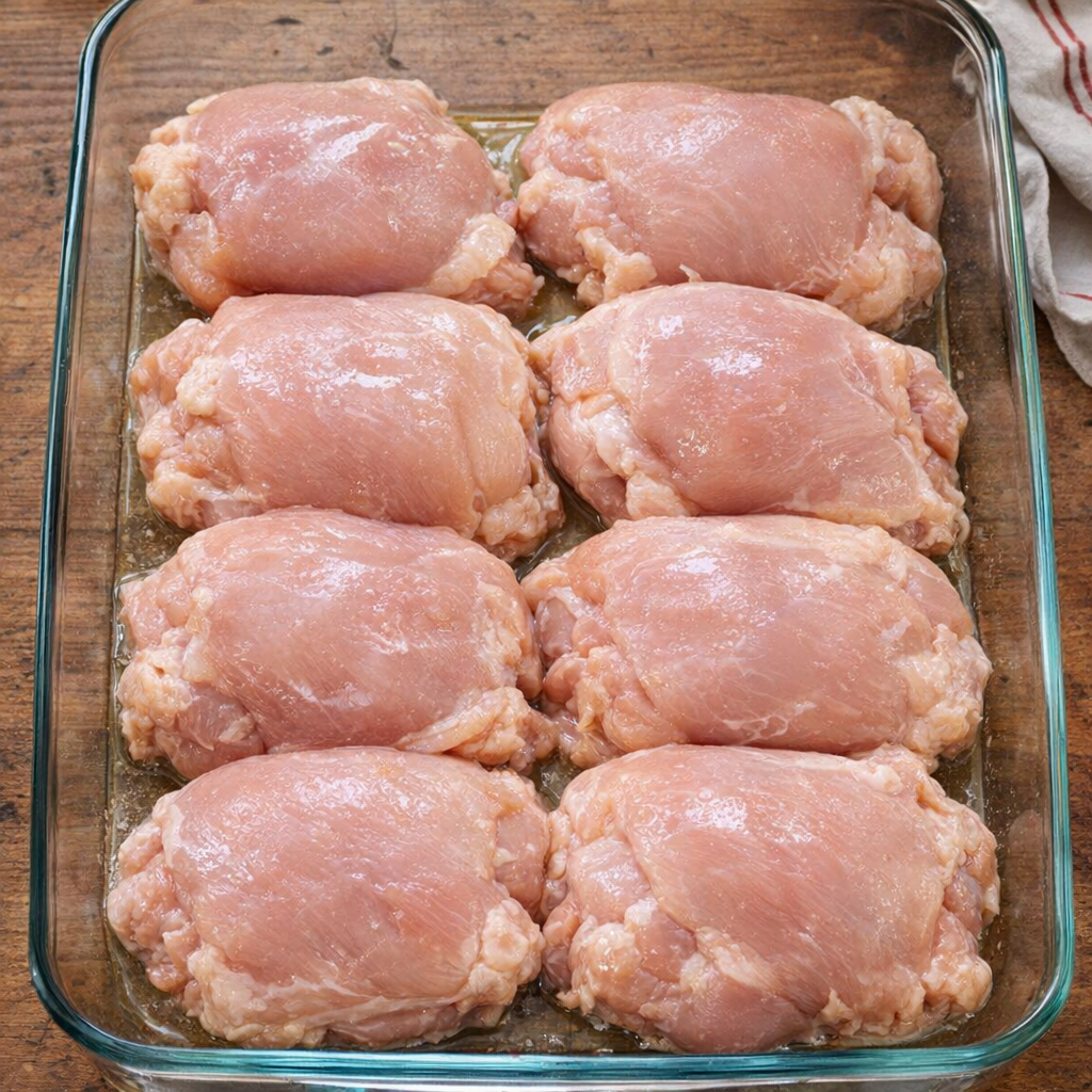 Raw chicken thighs arranged in a glass baking dish
