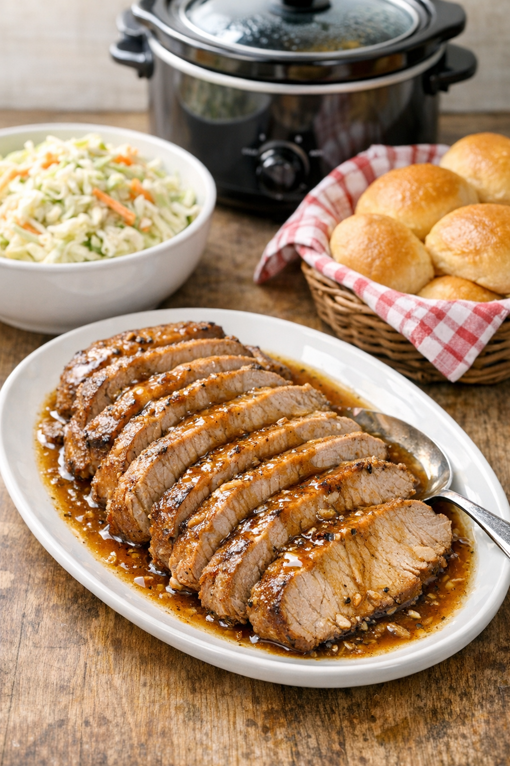 Finished slow cooker pork sirloin on a serving platter