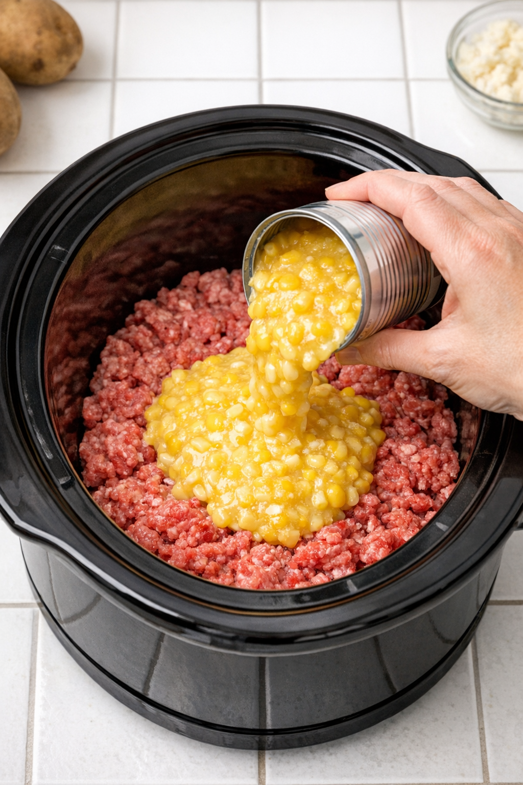 Raw ground beef spread in the bottom of a slow cooker