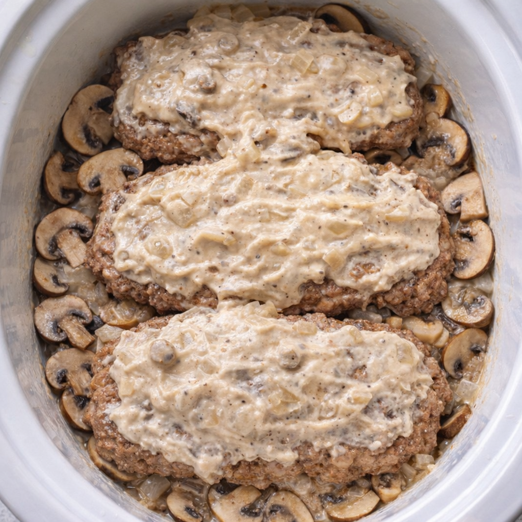 Slow cooker filled with cube steak and creamy sauce before cooking