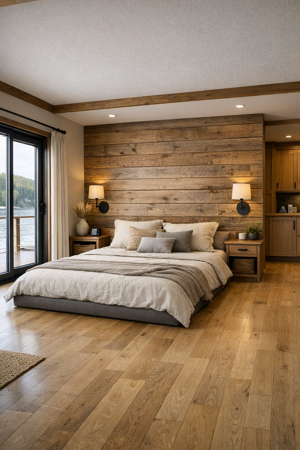 Peaceful lodge bedroom with layered neutral bedding and built-in storage