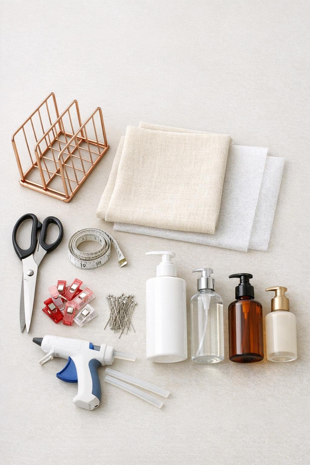 Materials for a bathroom lotion caddy laid out neatly