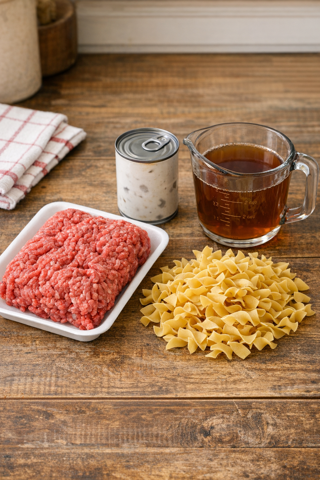 Ground beef, cream of mushroom soup, dry egg noodles, and beef broth