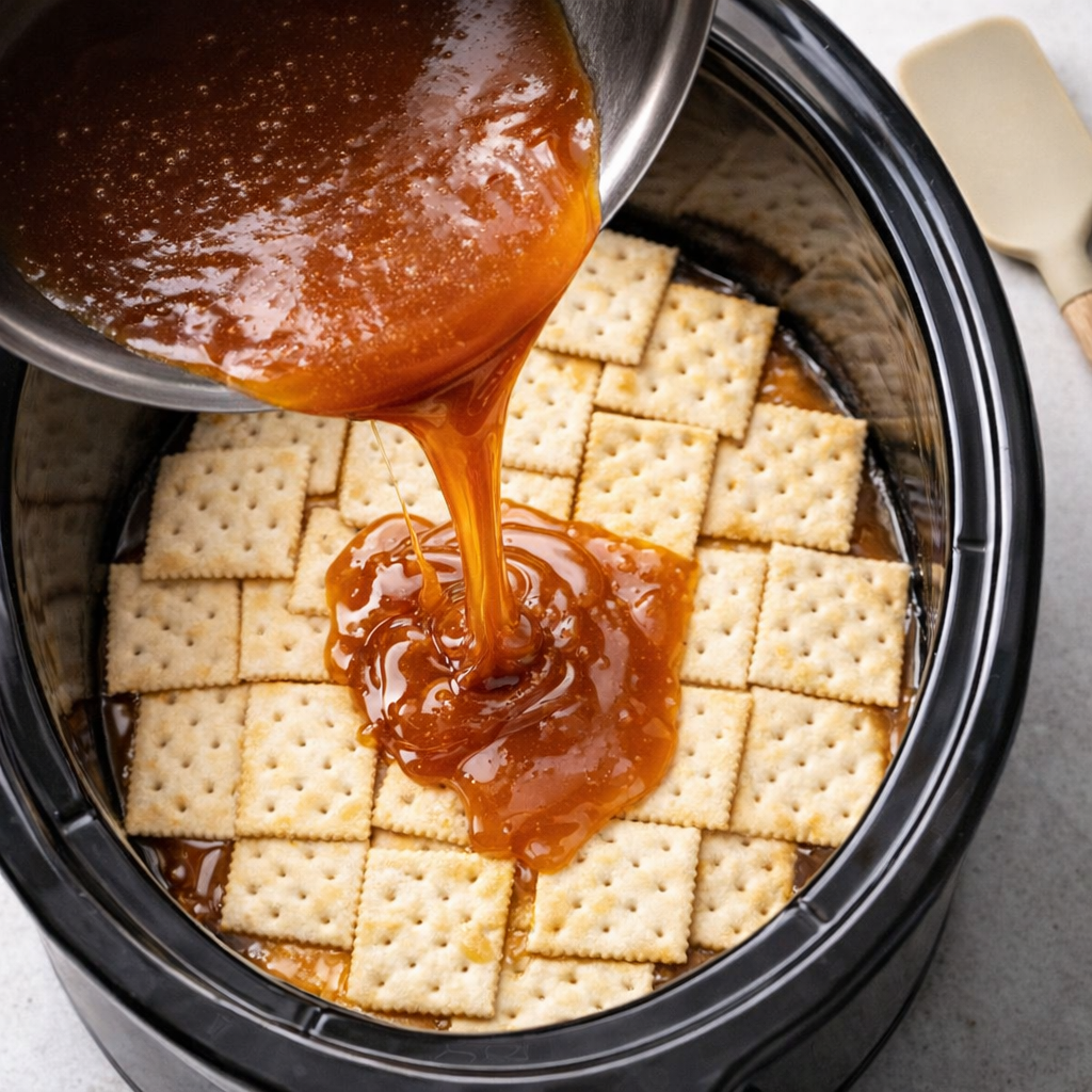 Caramel being poured over saltine crackers in a slow cooker