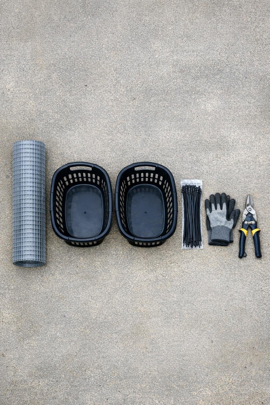 Materials for a DIY leaf mold bin laid out together