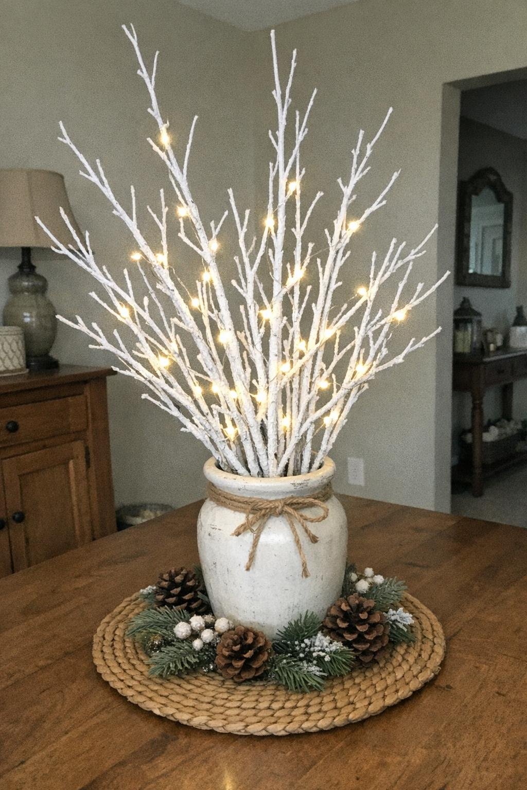 White-painted branches in a vase wrapped with tiny lights