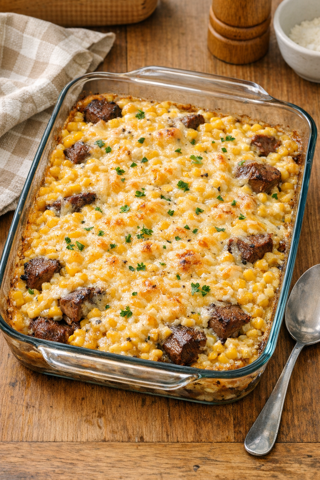 Finished baked beef and creamed corn casserole in a baking dish