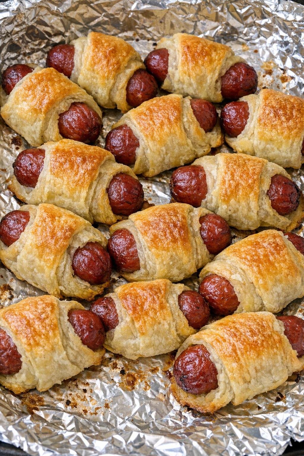 Golden beef sausage roll ups on a foil-lined baking sheet