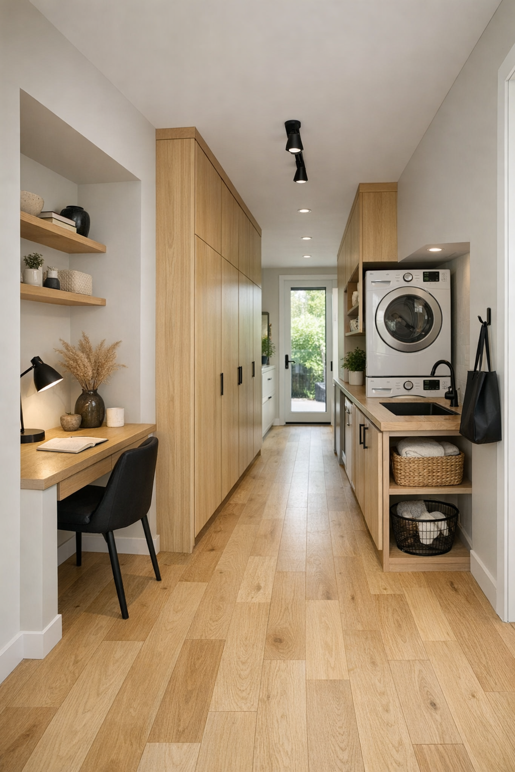 Thoughtful hallway and utility area with built-in storage in a modern container home