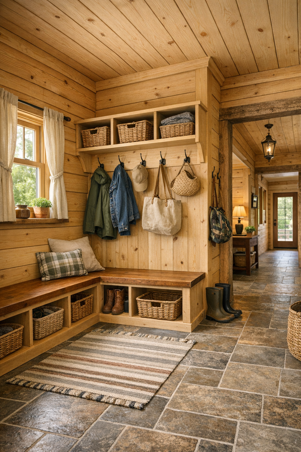 Practical mudroom and hall area with built-in bench and rustic finishes