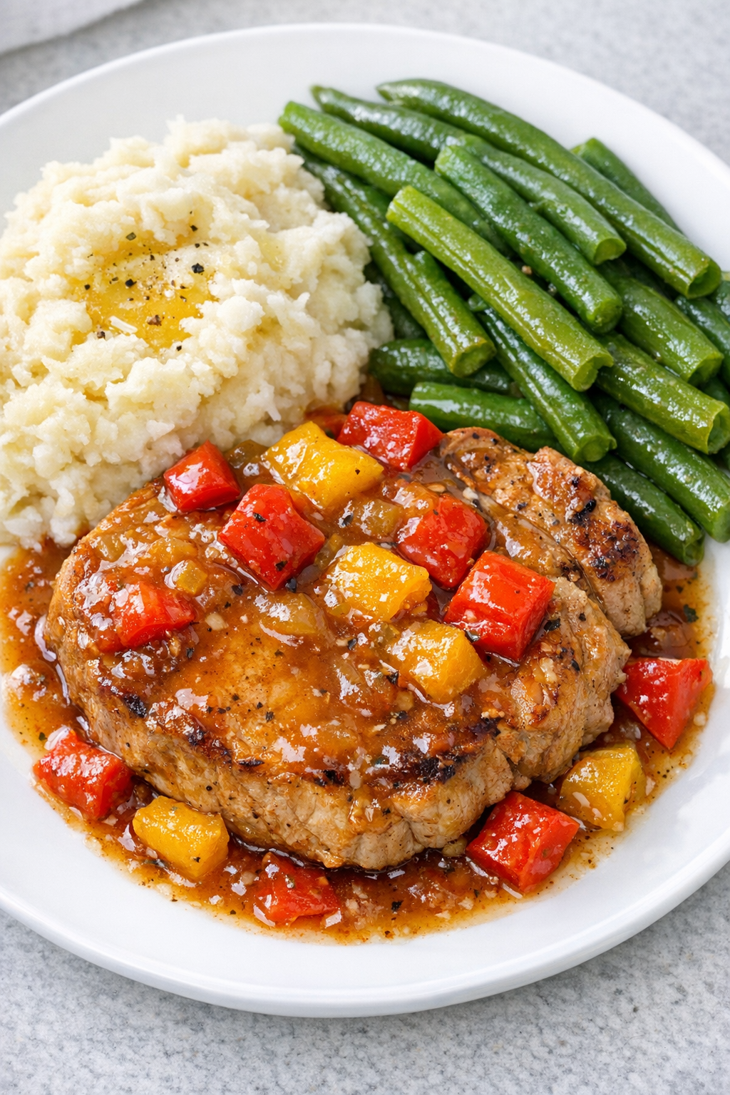Finished slow cooker pork chops plated with sauce and peppers