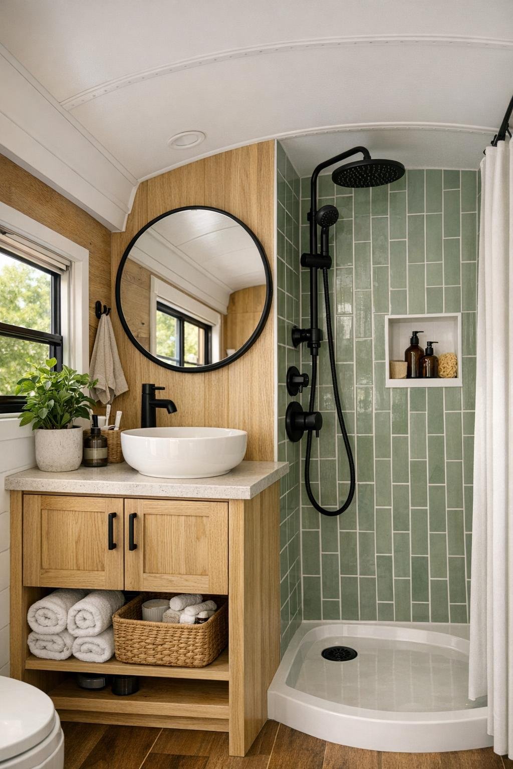 Compact converted bus bathroom with sage tile shower and white oak vanity