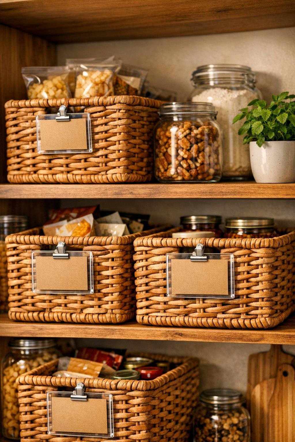 Finished pantry wicker baskets with acrylic frame labels