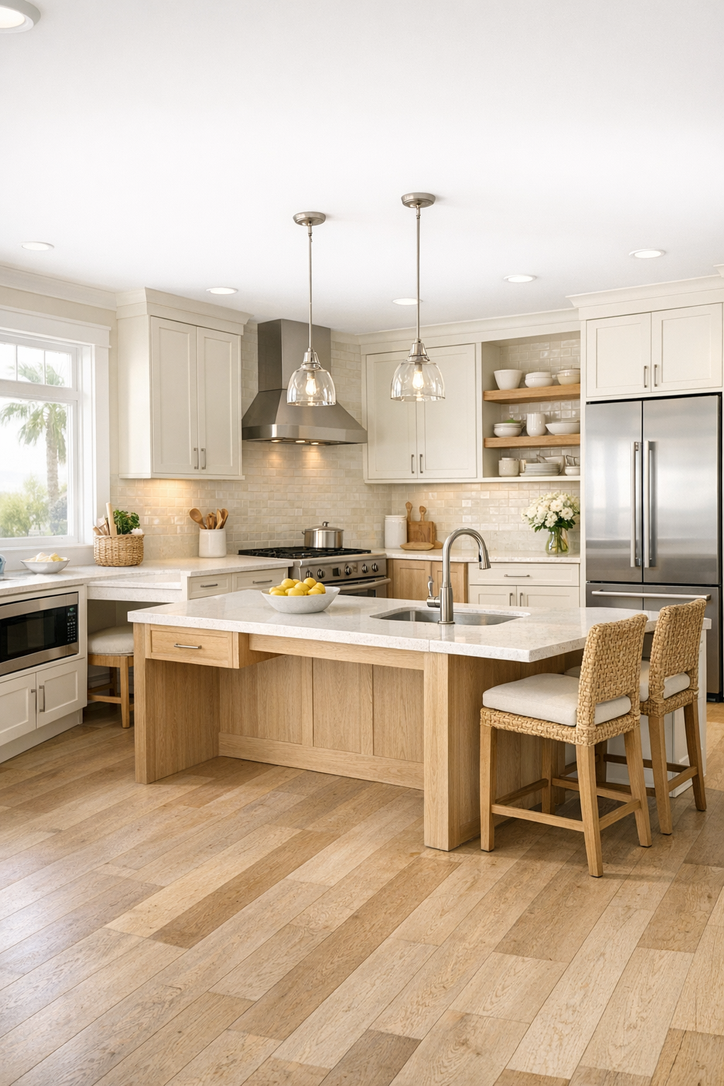 Open barrier-free kitchen with creamy cabinetry, quartz counters, and warm wood accents
