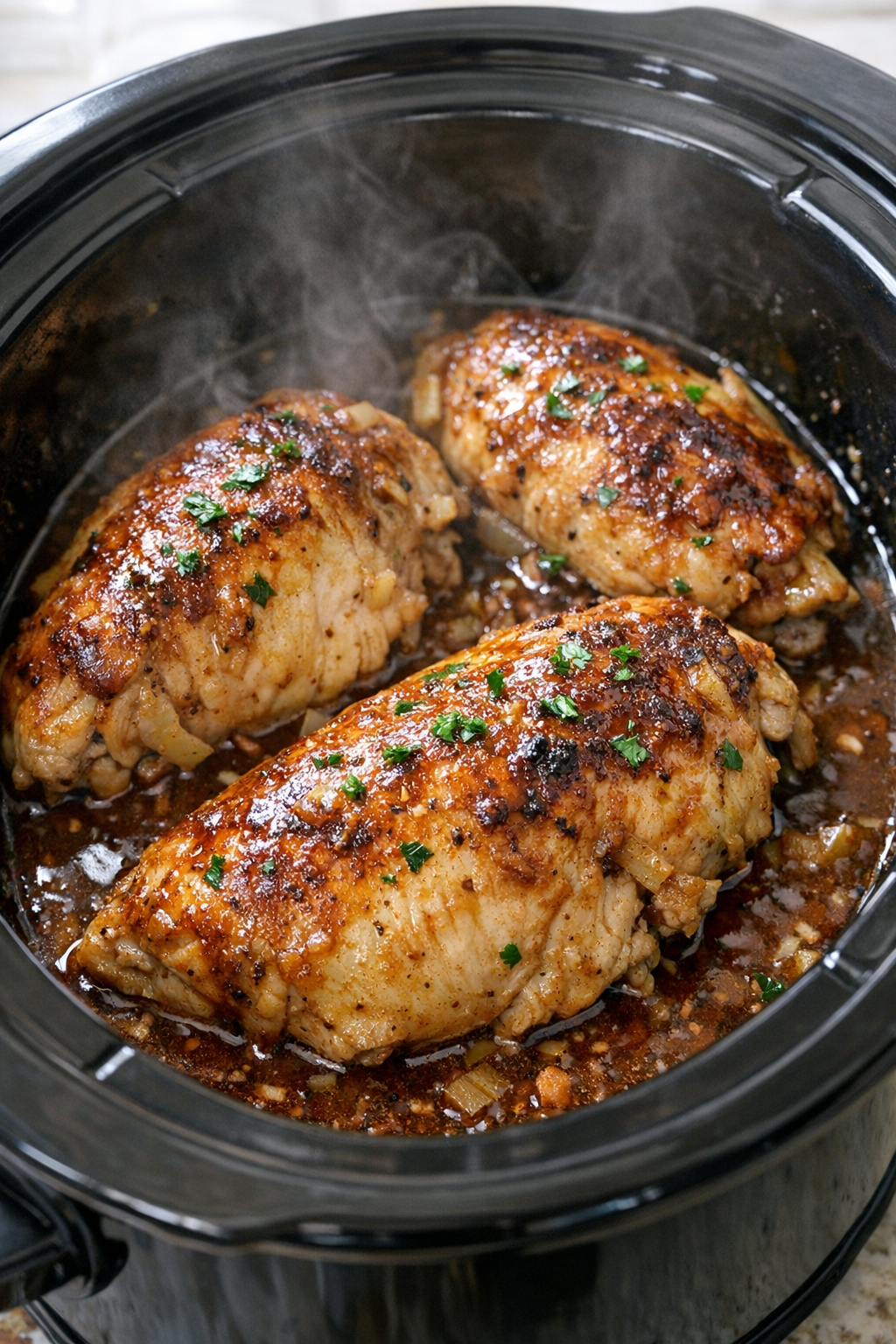 Cooked chicken in slow cooker with sauce