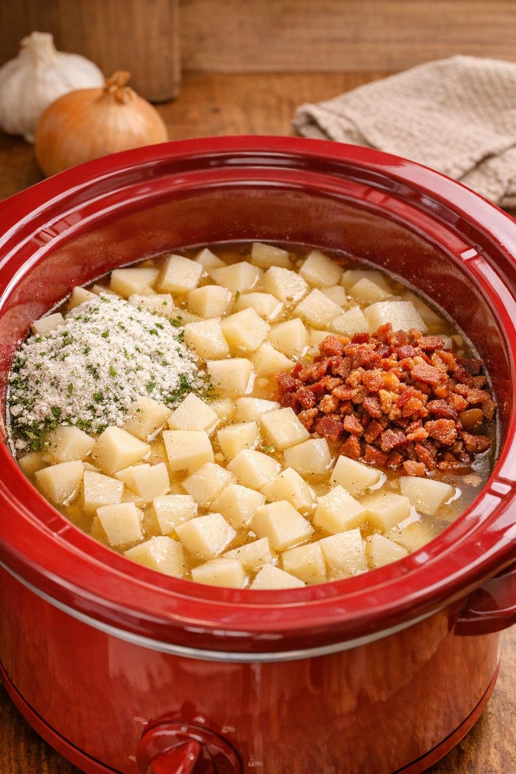 Aardappelen, bouillon, kruiden en spek in een rode slowcooker, alvorens te koken.