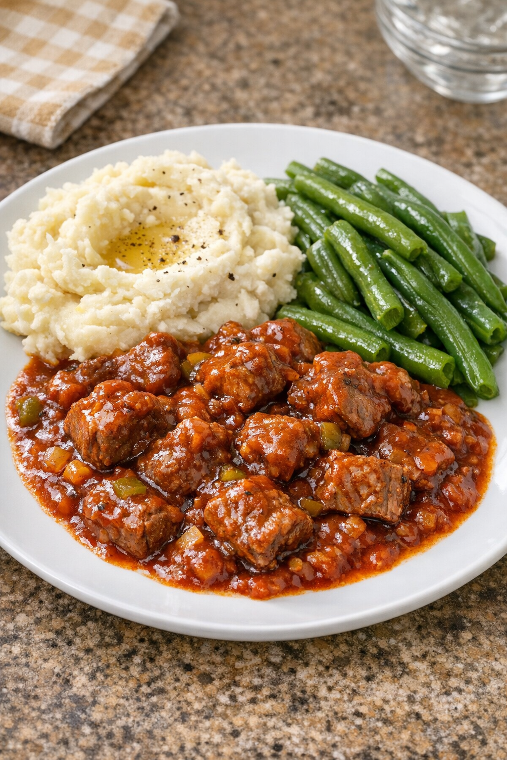 Finished sloppy steak plated with rich sauce