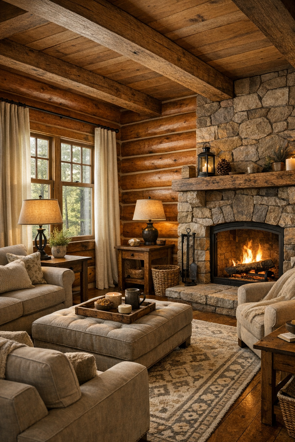 Living room with cognac-toned log walls, stone fireplace, exposed beams, and soft neutral seating
