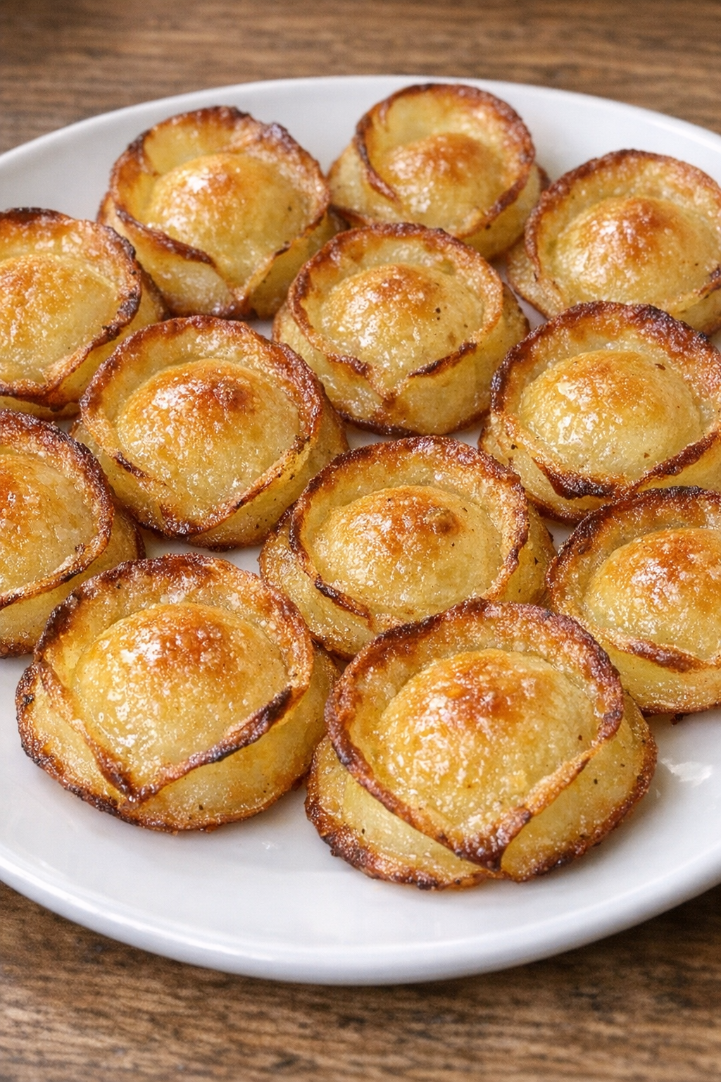 Golden dome-shaped potato crisps on a white appetizer plate