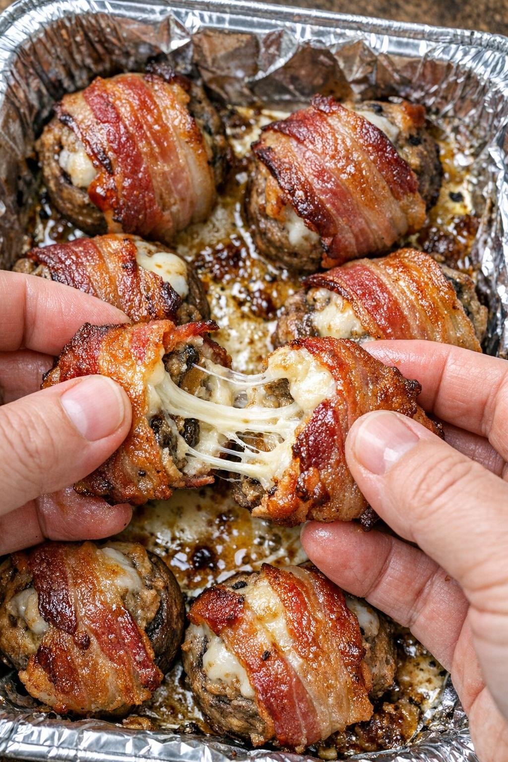 Low carb 3-ingredient bacon thornton bombs in a foil tray