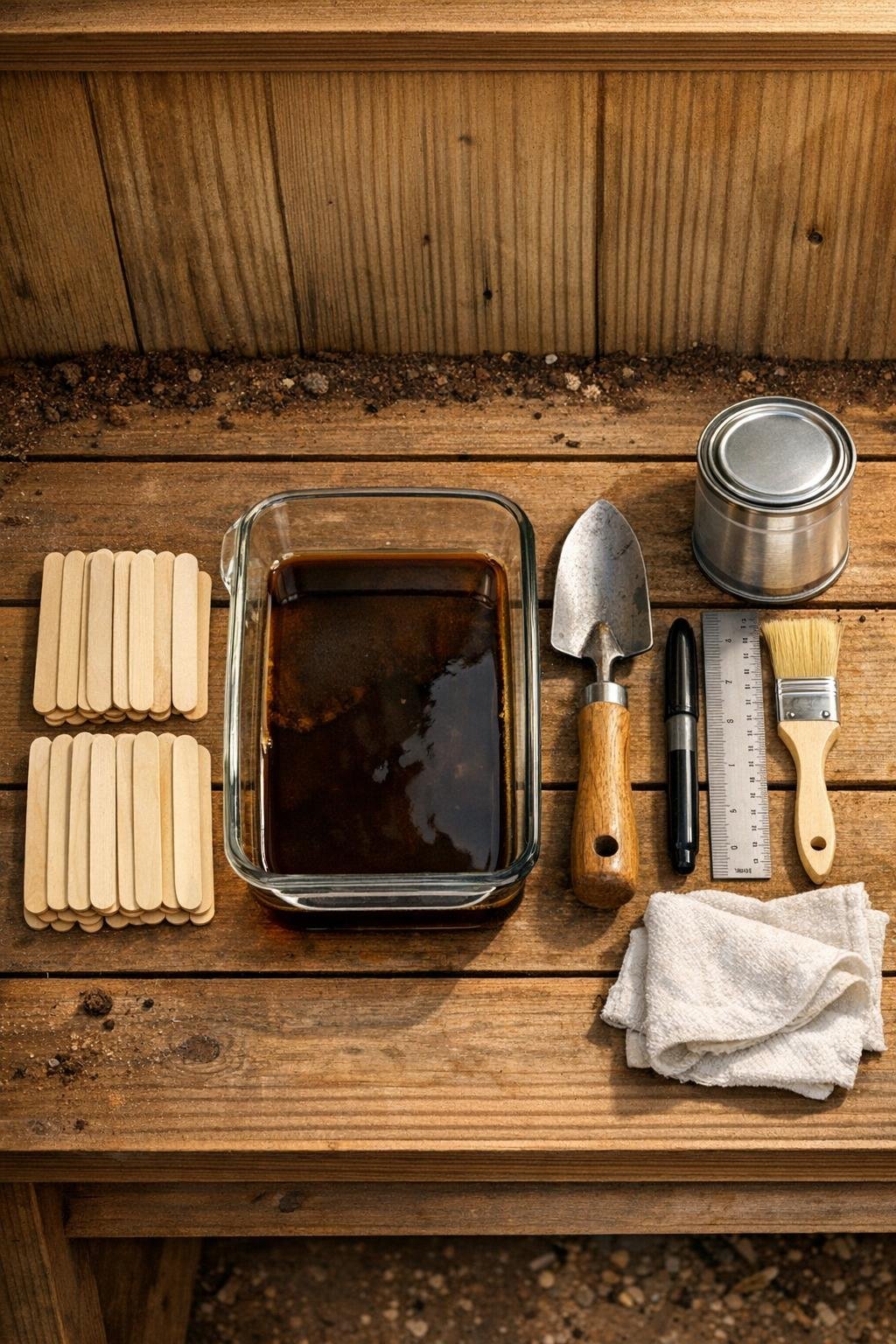 Materials for making a DIY bulb planting depth guide laid out on a potting bench