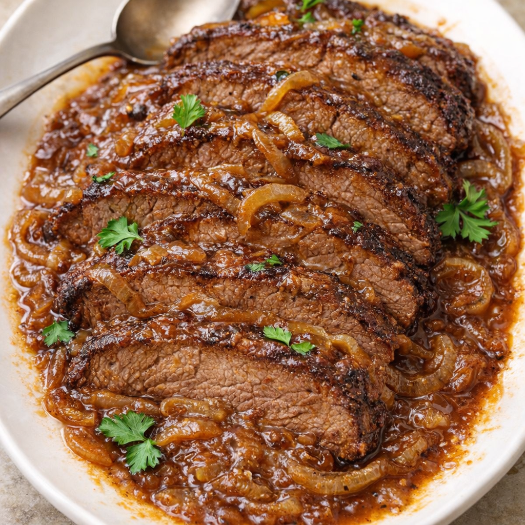 Slow cooker brisket plated with onion gravy