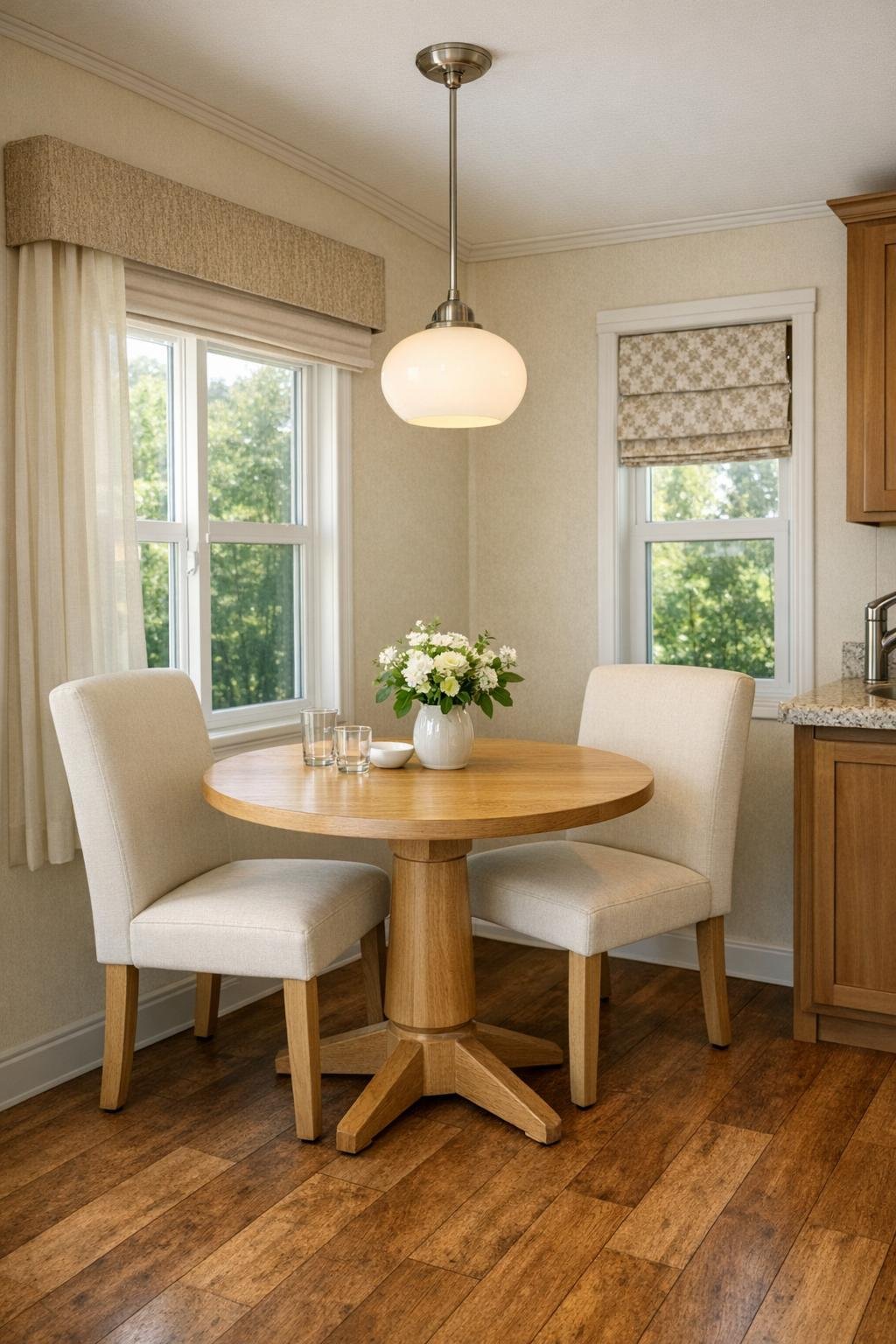 Bright compact dining area with a round oak table and soft upholstered chairs