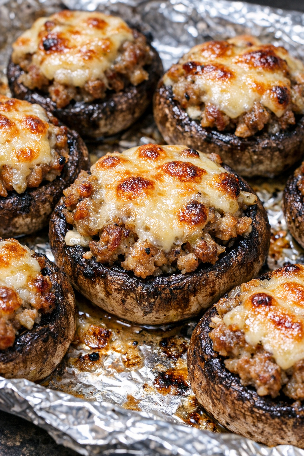 Finished sausage mushroom bakes on a foil-lined tray