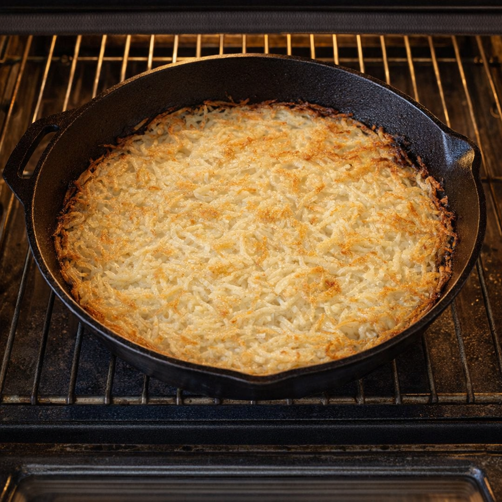 Potato rosti halfway baked with crisping edges