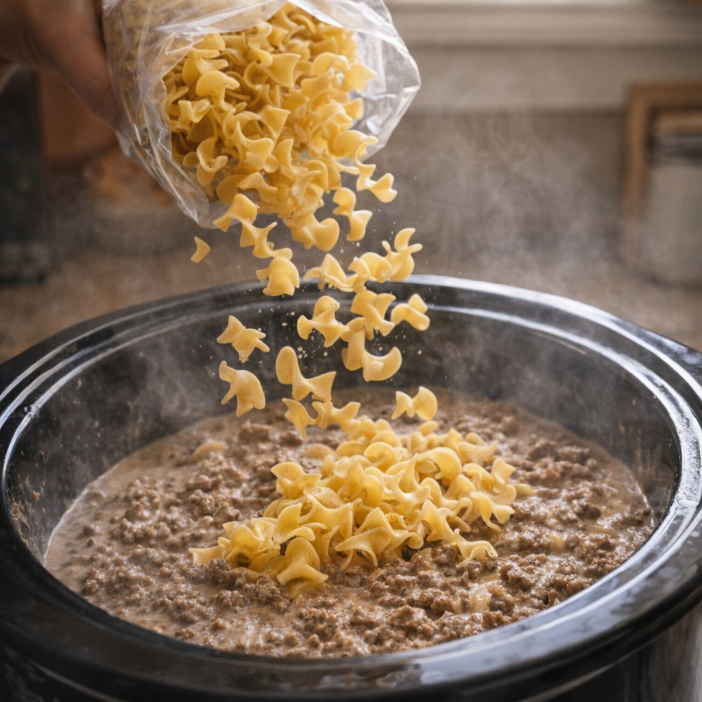 Uncooked egg noodles being added to the slow cooker