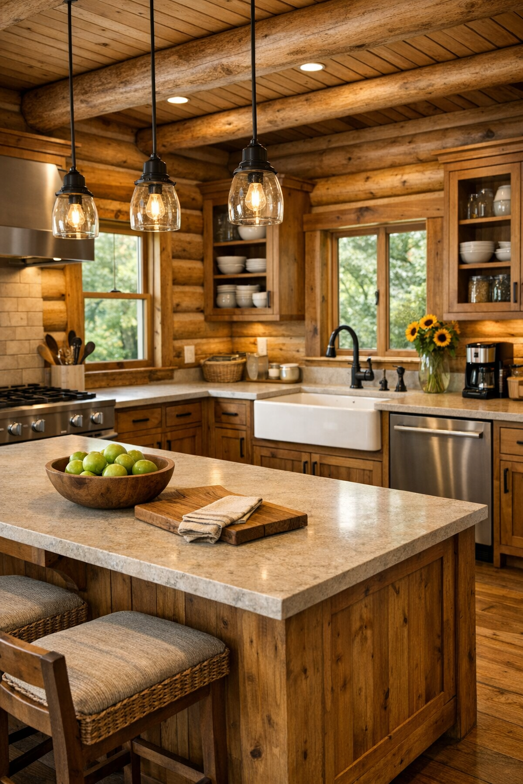 Log home kitchen with custom wood cabinetry and central island
