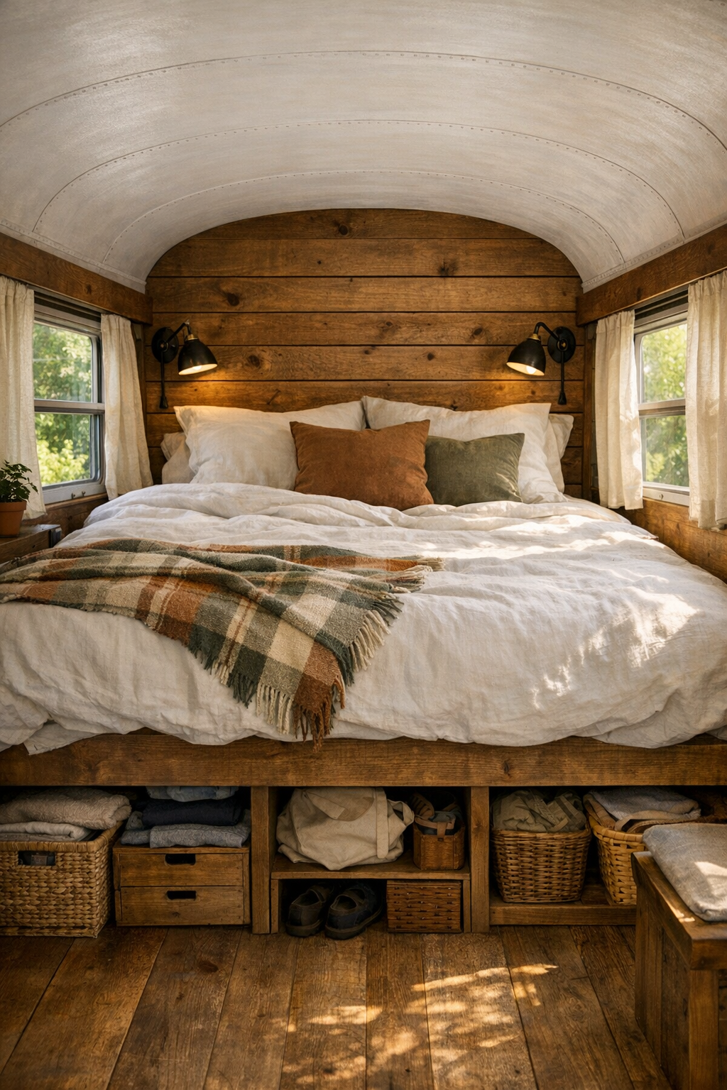 Peaceful bedroom at the back of a converted bus with a raised bed and soft linen bedding