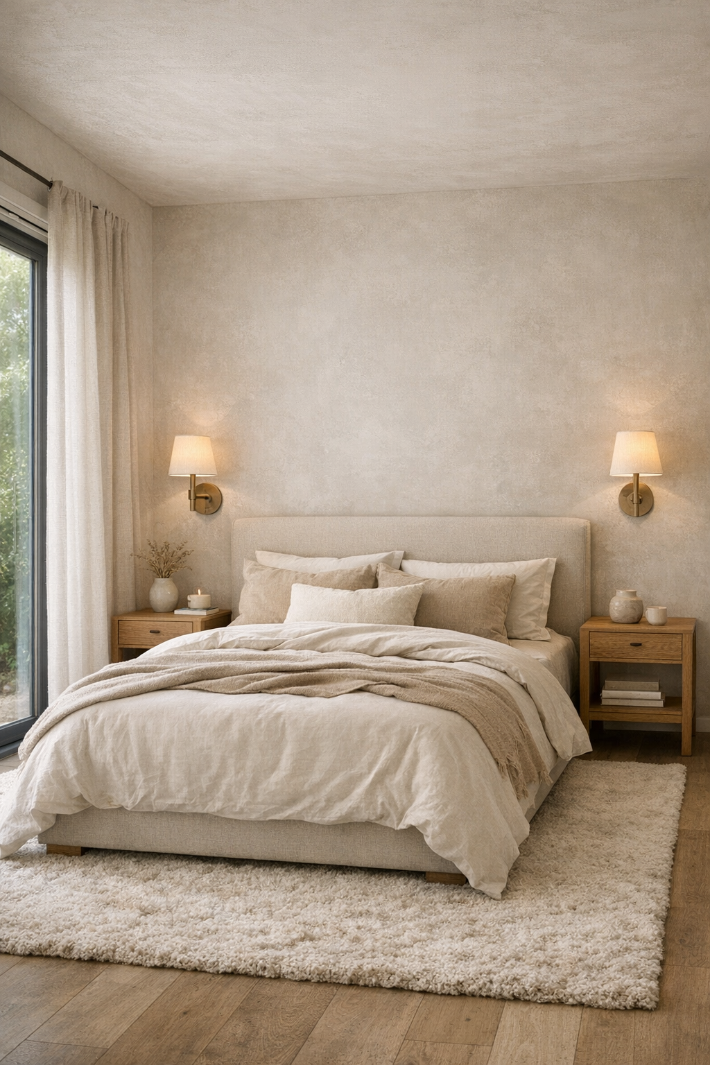 Calm neutral bedroom with upholstered headboard, linen bedding, and soft natural light