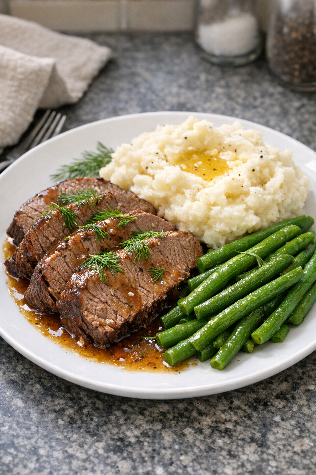 Finished plated Amish dill beef with tender slices and pan juices